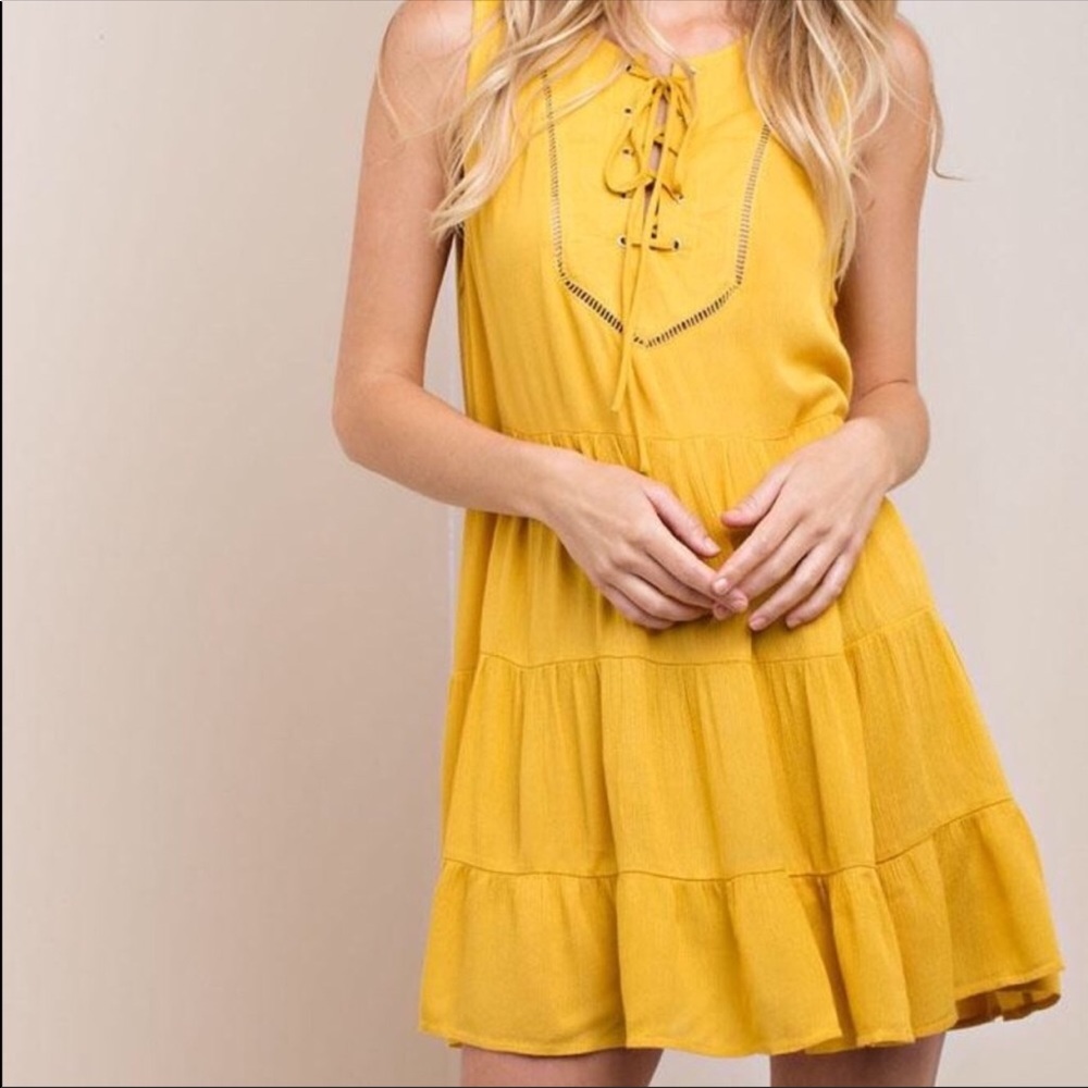 Lace up Ruffle Dress in Yellow